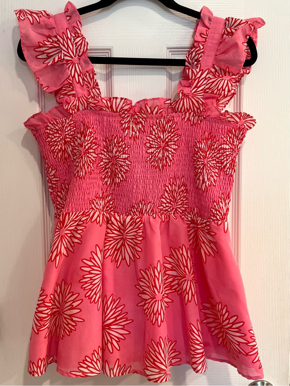 Pink Floral Smocked Ruffle-Strap Fit and Flare Feminine Tank Top Hourglass Red